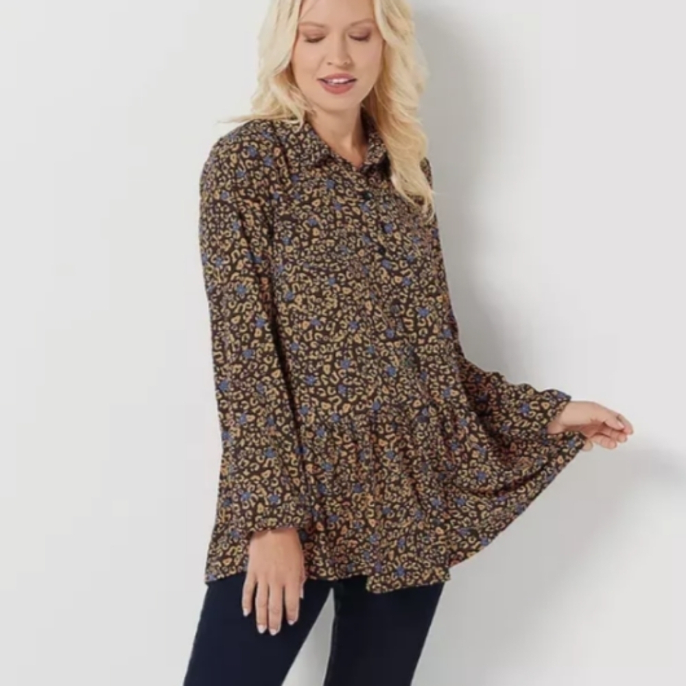 LOGO by Lori Goldstein Stretch Woven Button Front Blouse Animal Print Floral S